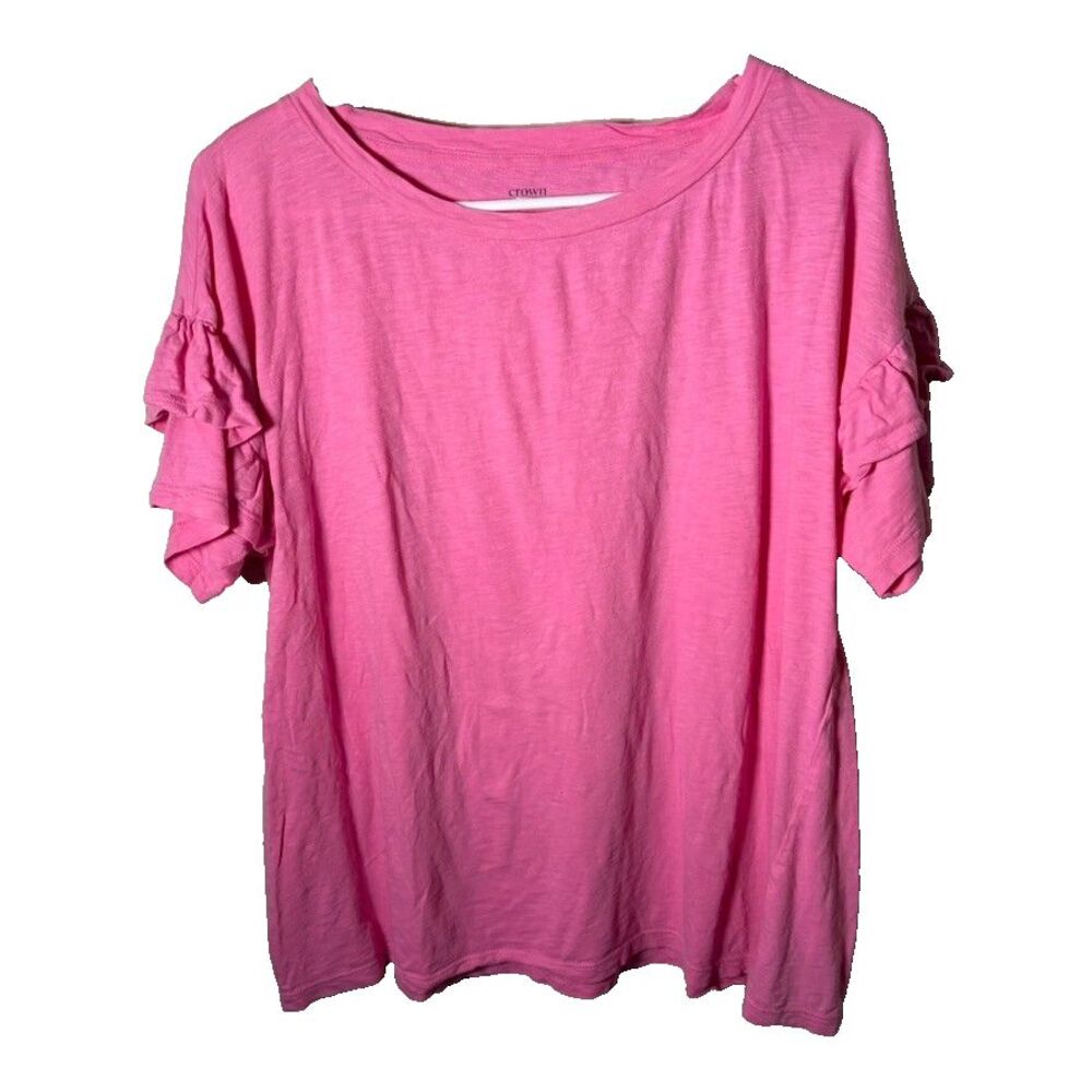Crown & Ivy T-Shirt Women's Large Pink Round Neck Ruffle Short Sleeve Casual